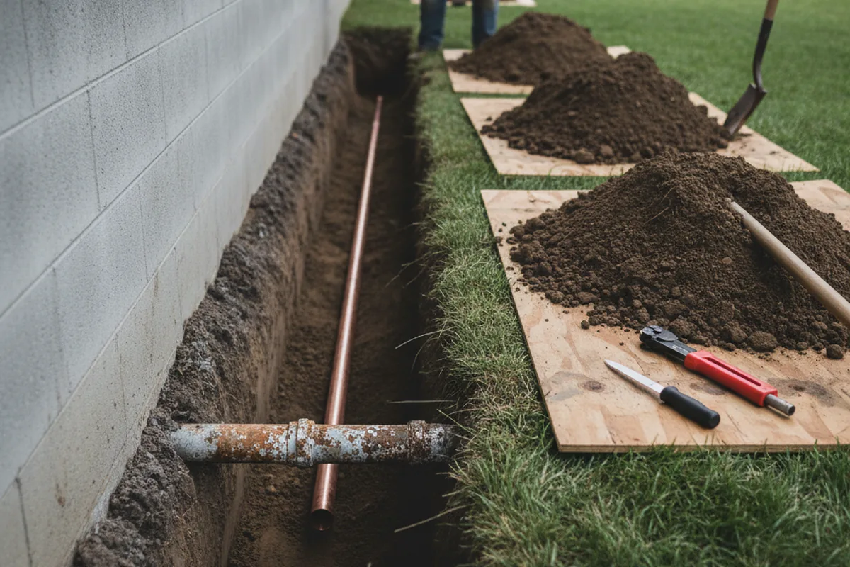 Excavated water line trench during Water Softener Installation in Brookline